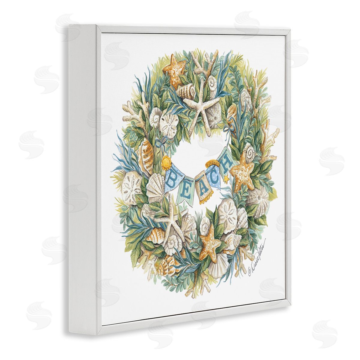 Holiday Beach Seashell Wreath White Frame Print Wall Art, Home Decor by Diane Kater