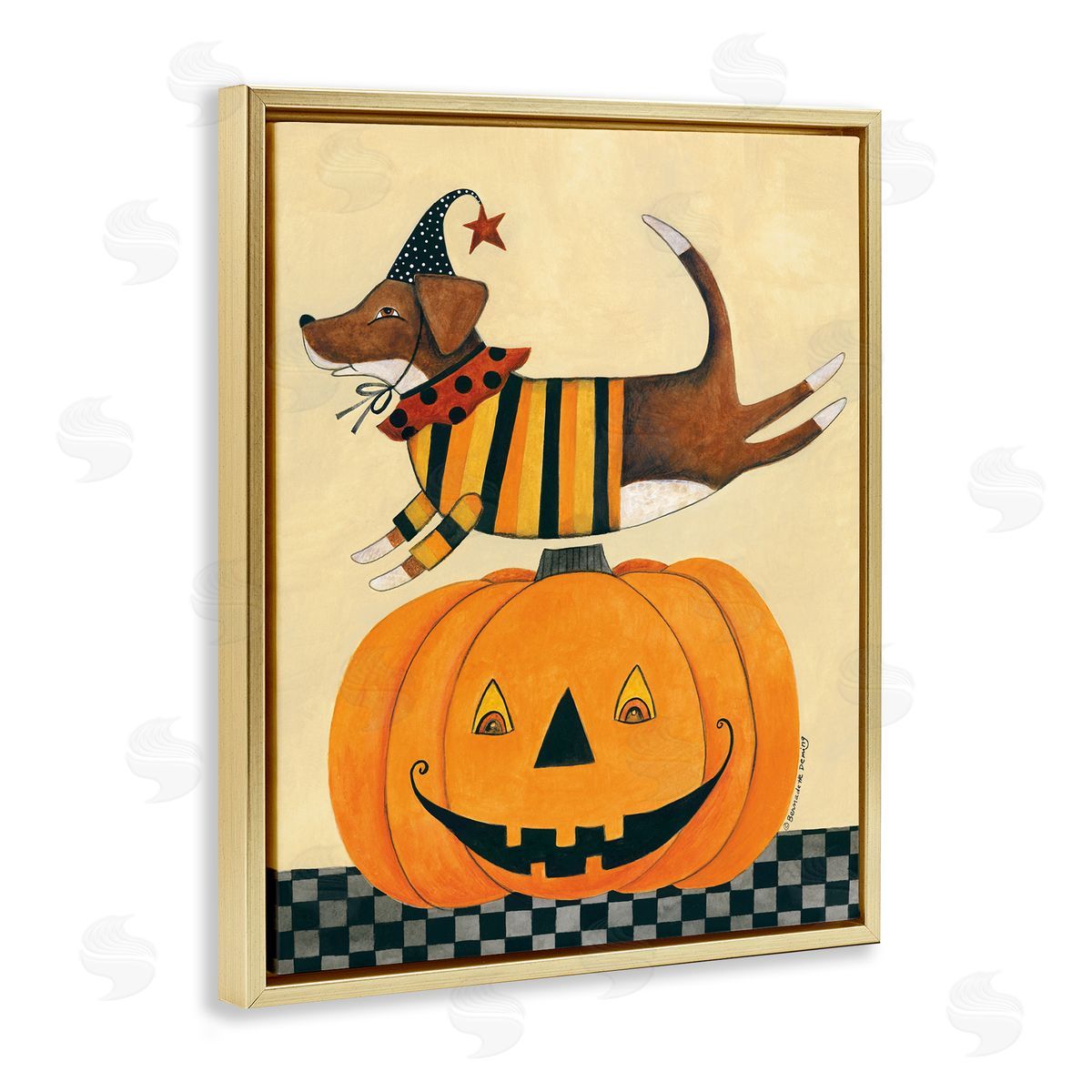 Bernadette Deming Vintage Carved Pumpkin Dog Illustration Gold Floater Frame Canvas Art