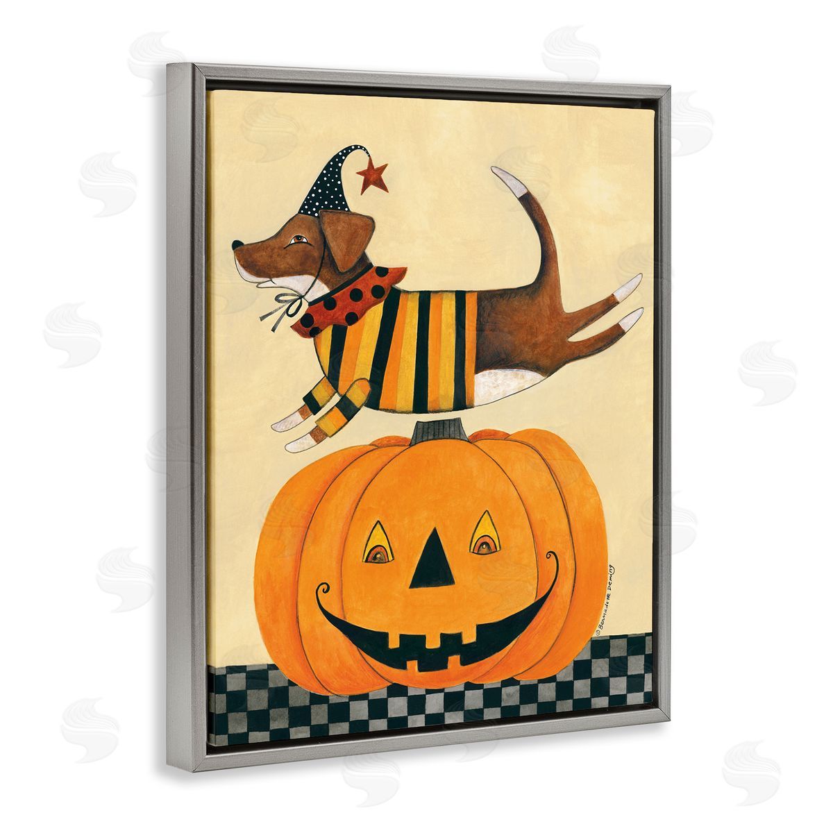Bernadette Deming Vintage Carved Pumpkin Dog Illustration Gray Floater Frame Canvas Art