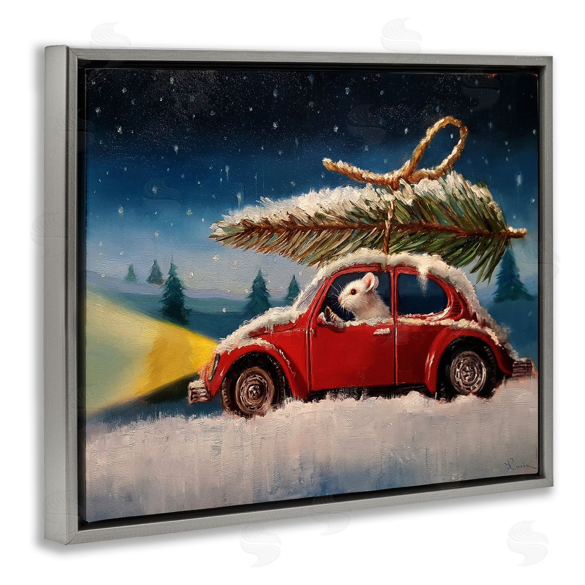 Lucia Heffernan Mouse Driving Snow Holiday Tree Gray Floater Frame Canvas Art