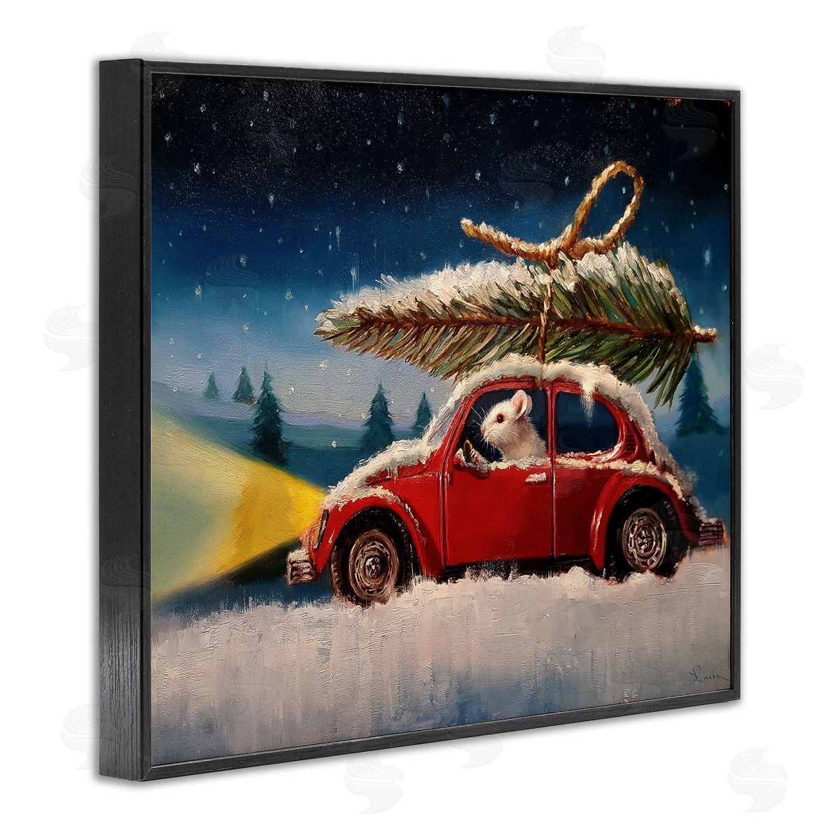 Lucia Heffernan Mouse Driving Snow Holiday Tree Black Framed Giclee Wall Art