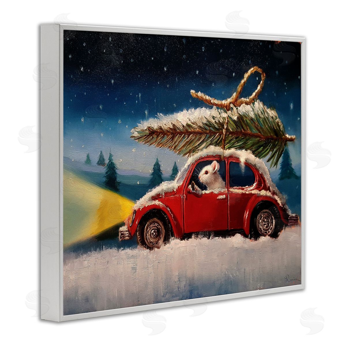 Lucia Heffernan Mouse Driving Snow Holiday Tree White Framed Giclee Wall Art
