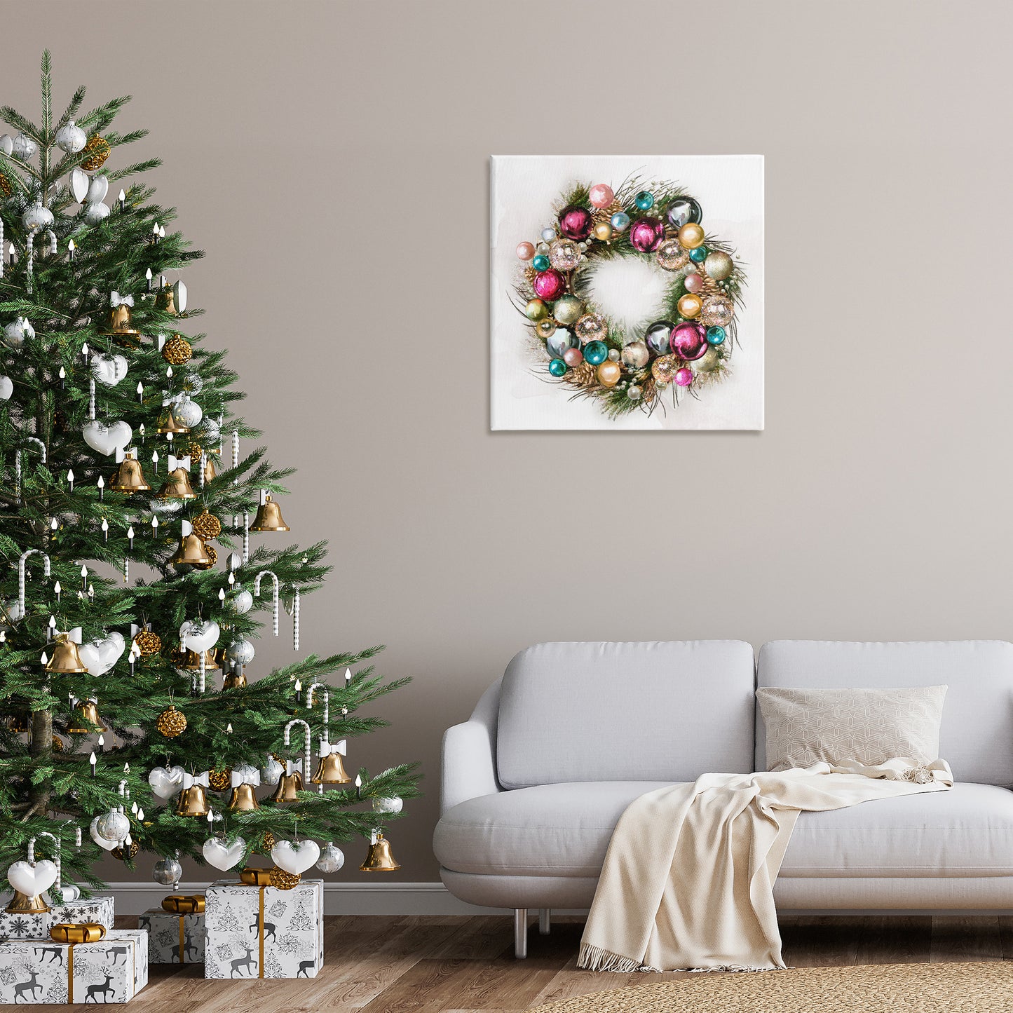 Festive Ornamental Wreath Canvas Wall Art in Room, Home Decor by Ziwei Li