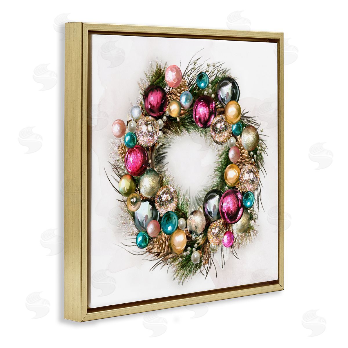 Festive Ornamental Wreath Gold Floating Frame Canvas Wall Art, Home Decor by Ziwei Li