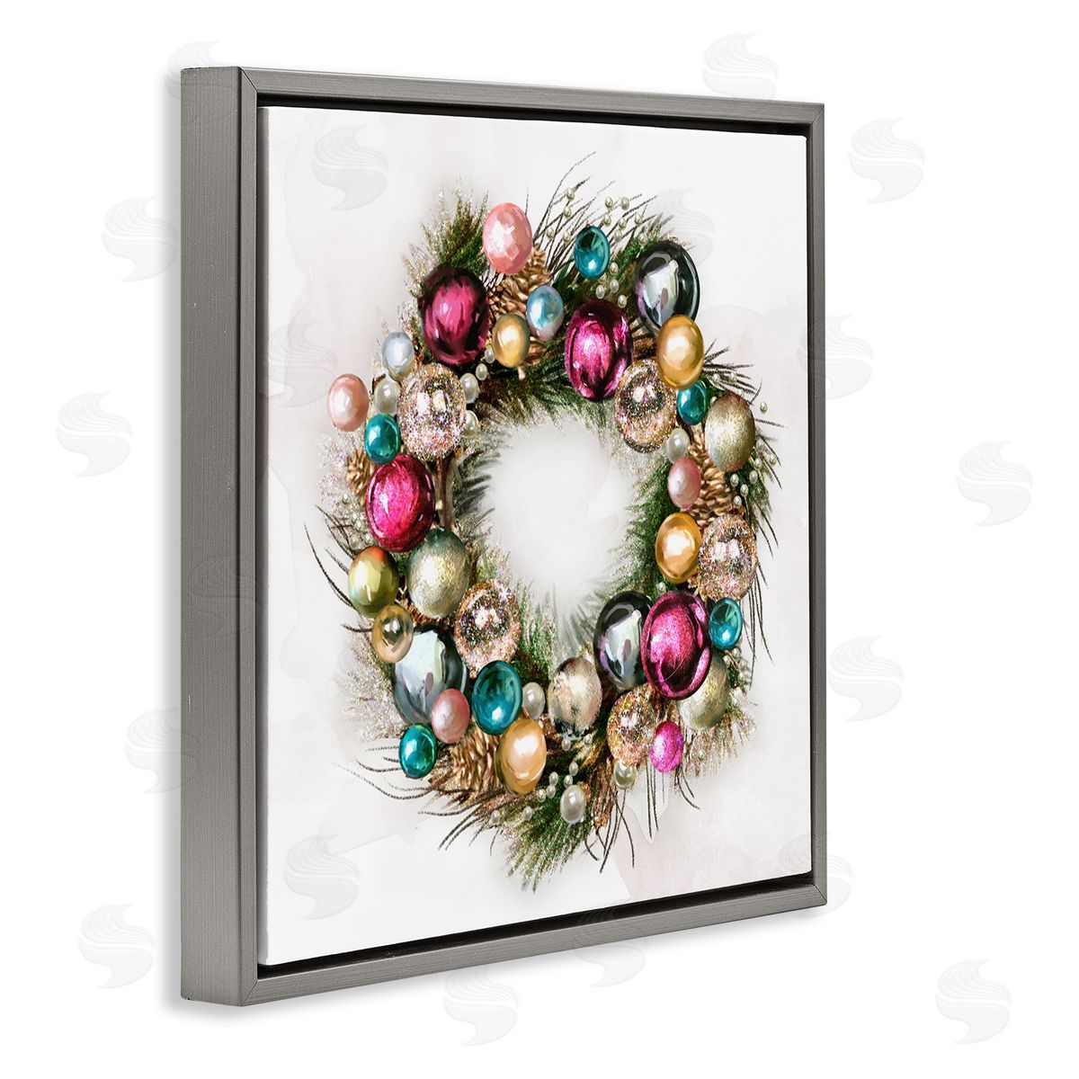 Festive Ornamental Wreath Grey Floating Frame Canvas Wall Art, Home Decor by Ziwei Li