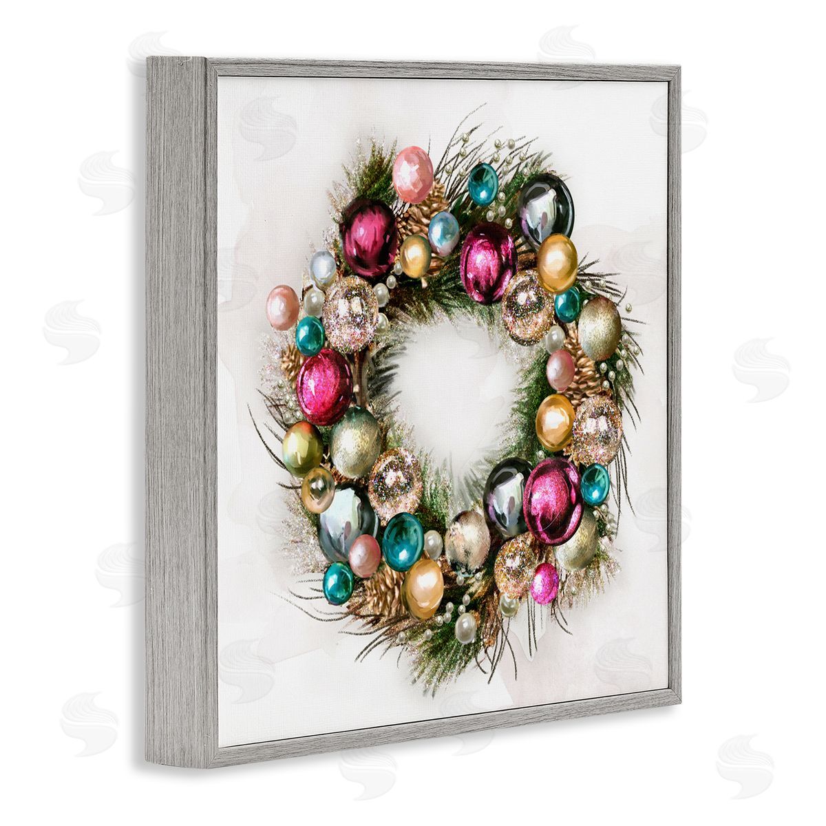 Festive Ornamental Wreath Grey Frame Print Wall Art, Home Decor by Ziwei Li