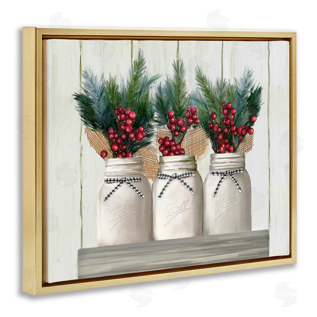Christmas Berry Bouquets Gold Floating Frame Canvas Wall Art, Home Decor by Ziwei Li