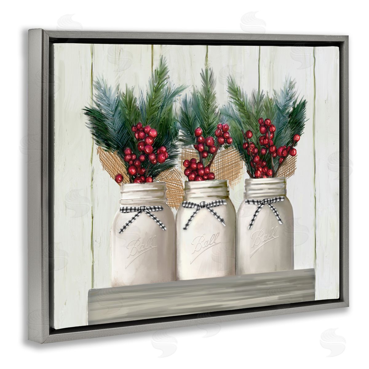 Christmas Berry Bouquets Grey Floating Frame Canvas Wall Art, Home Decor by Ziwei Li
