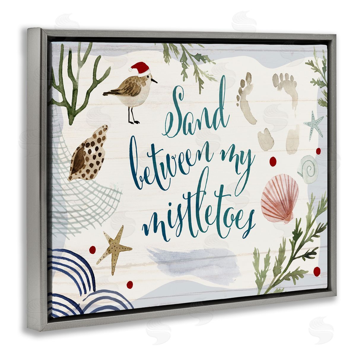 Victoria Barnes Sand Between Mistletoes Nautical Christmas Gray Floater Frame Canvas Art