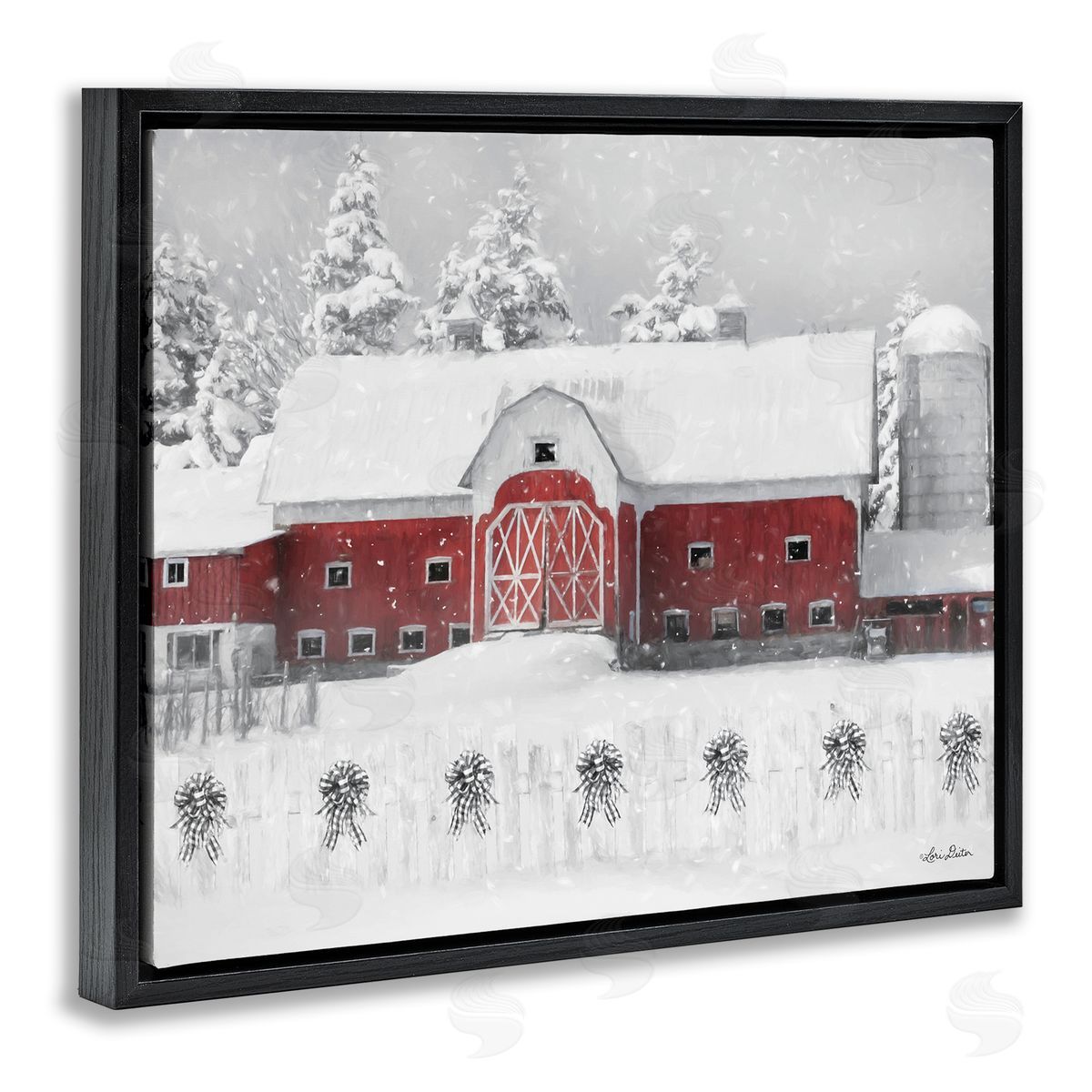Lori Deiter Red Barn Winter Scene Snowfall Black Floater Frame Canvas Art