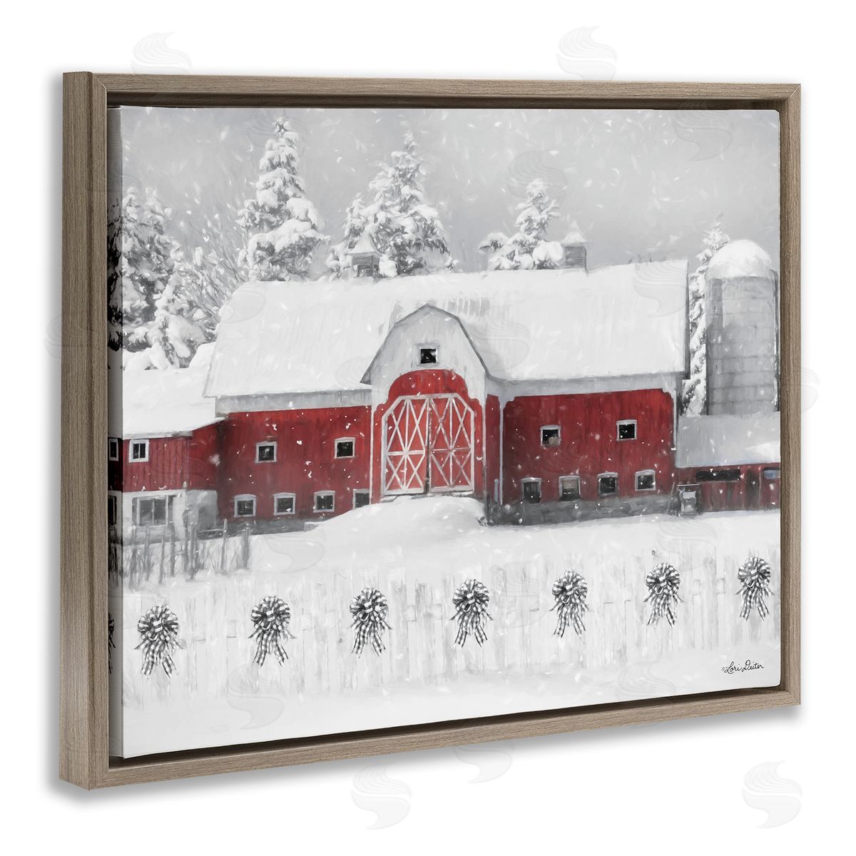 Lori Deiter Red Barn Winter Scene Snowfall Brown Floater Frame Canvas Art