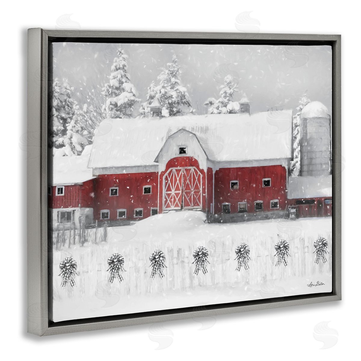 Lori Deiter Red Barn Winter Scene Snowfall Gray Floater Frame Canvas Art