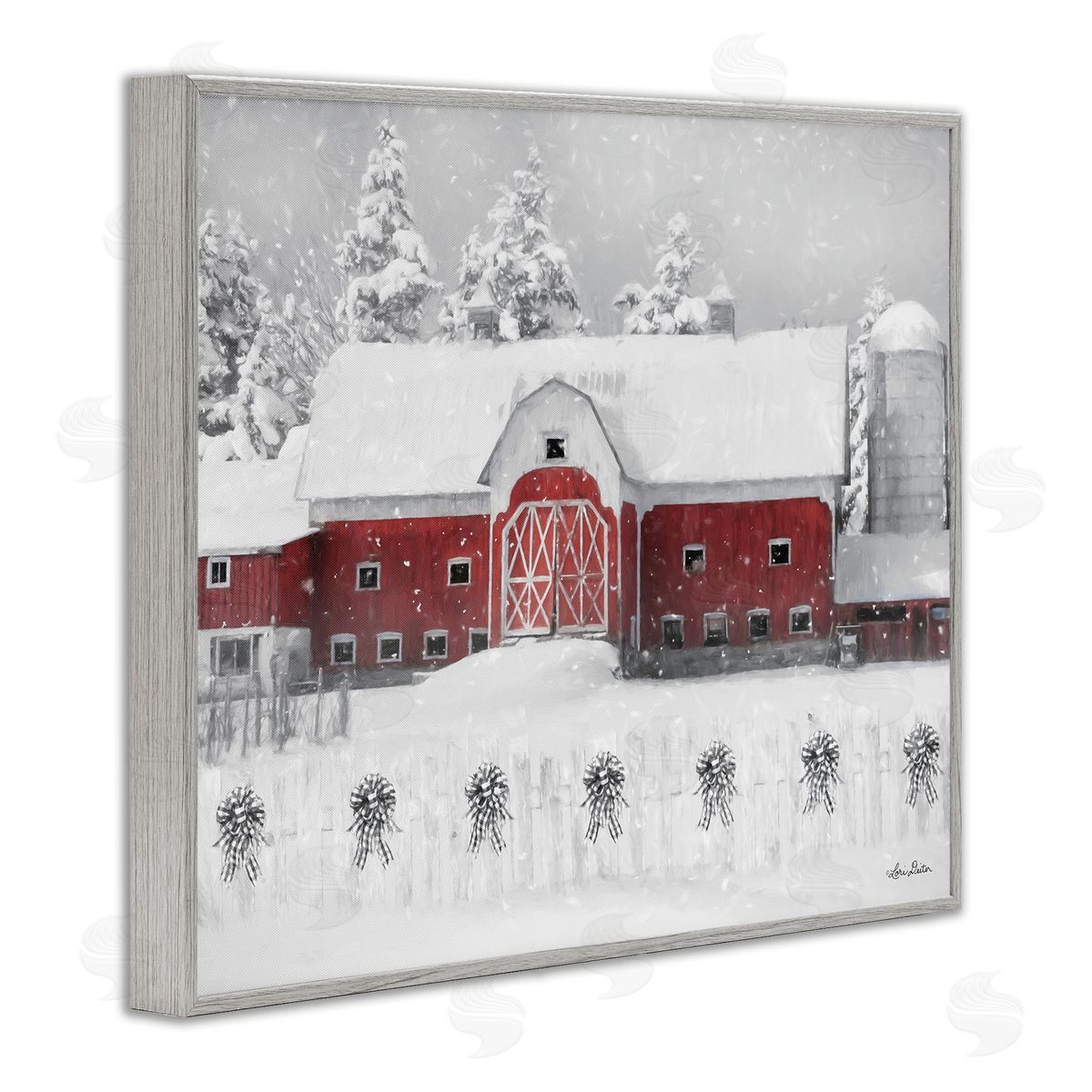 Lori Deiter Red Barn Winter Scene Snowfall Gray Framed Giclee Wall Art