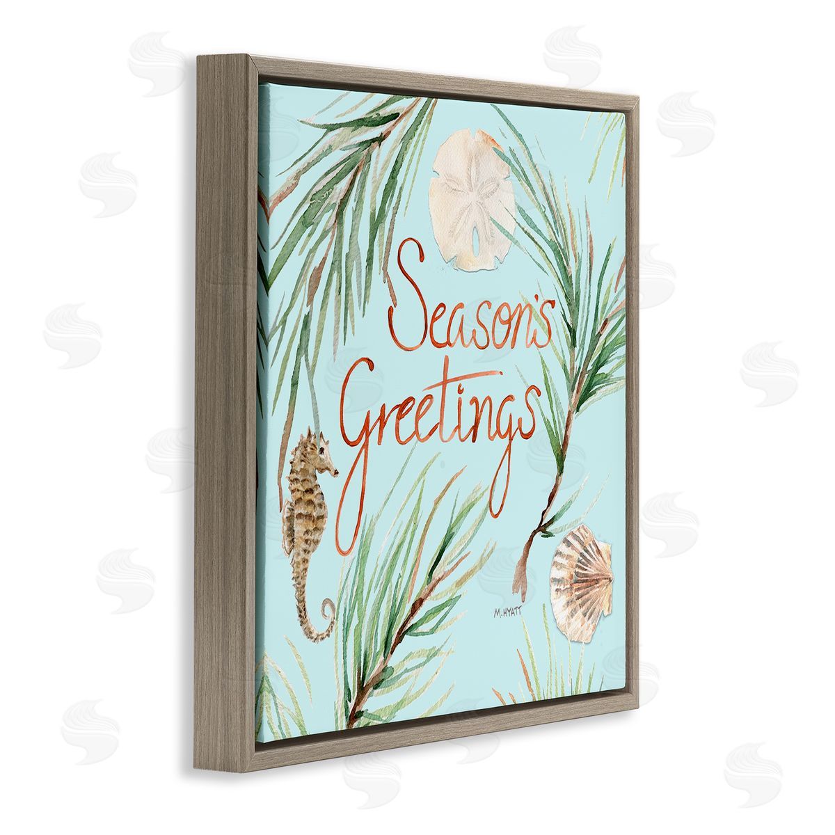 Melissa Hyatt Season's Greetings Nautical Christmas Seahorse Brown Floater Frame Canvas Art