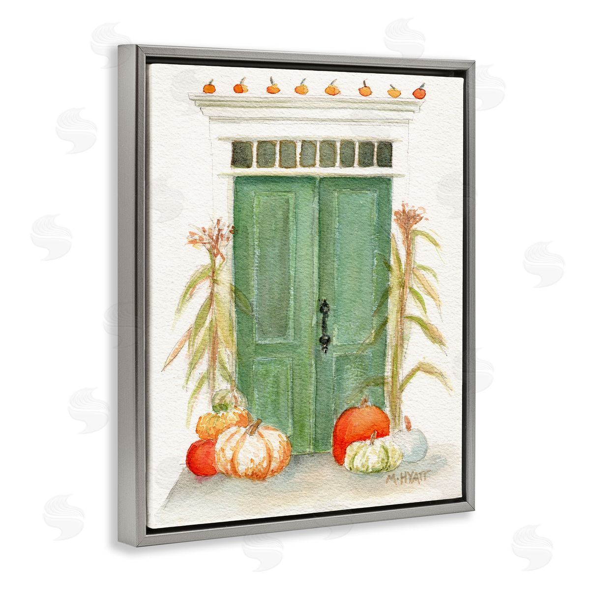 Melissa Hyatt Entryway Door Architecture Autumn Harvest Pumpkins  Gray Floater Frame Canvas Art