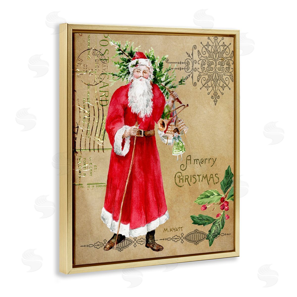Melissa Hyatt Vintage Santa Claus Postal Design Gold Floater Frame Canvas Art