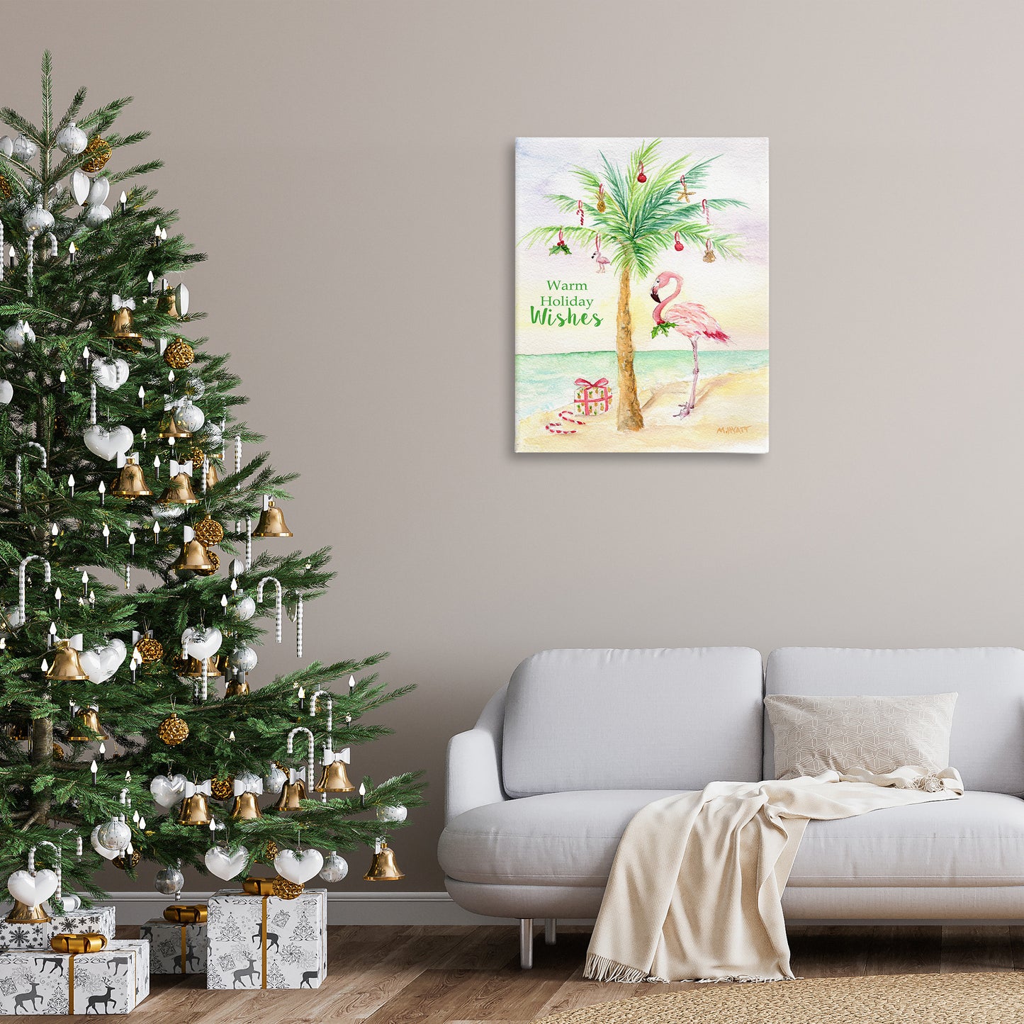 Tropical Flamingo Christmas Canvas Wall Art in Room, Home Decor by Melissa Hyatt LLC