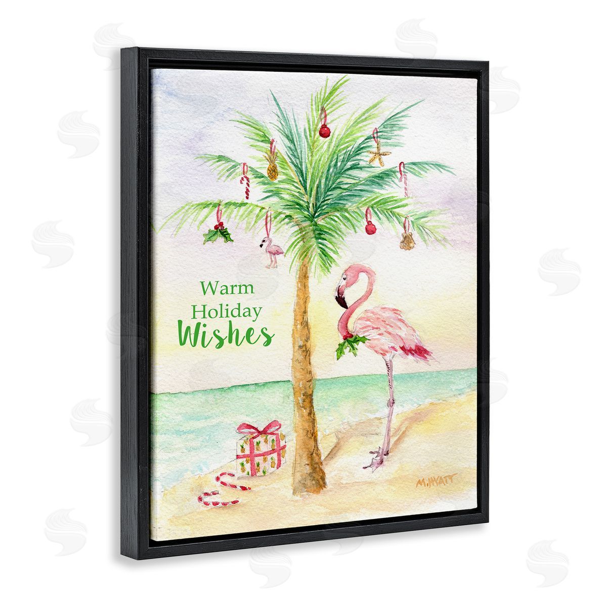 Tropical Flamingo Christmas Black Floating Frame Canvas Wall Art, Home Decor by Melissa Hyatt LLC