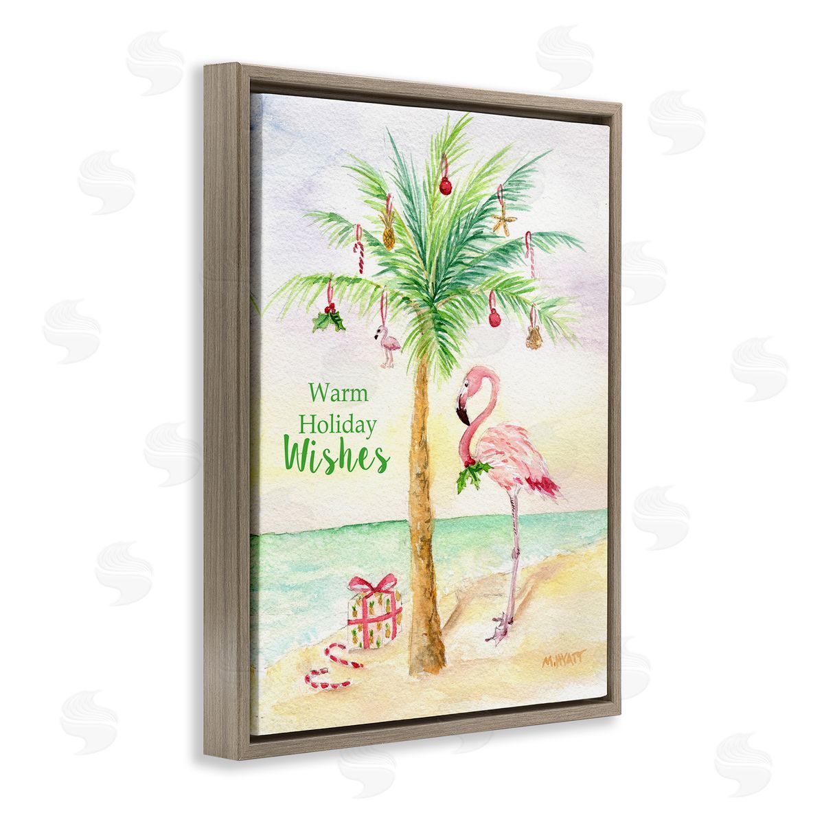 Tropical Flamingo Christmas Brown Floating Frame Canvas Wall Art, Home Decor by Melissa Hyatt LLC