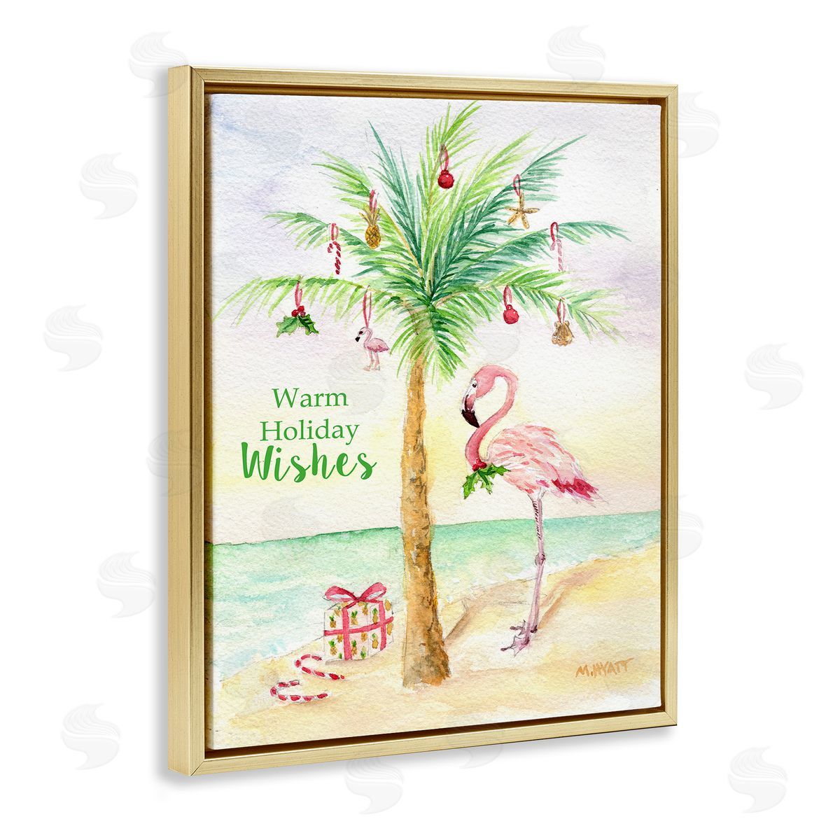 Tropical Flamingo Christmas Gold Floating Frame Canvas Wall Art, Home Decor by Melissa Hyatt LLC