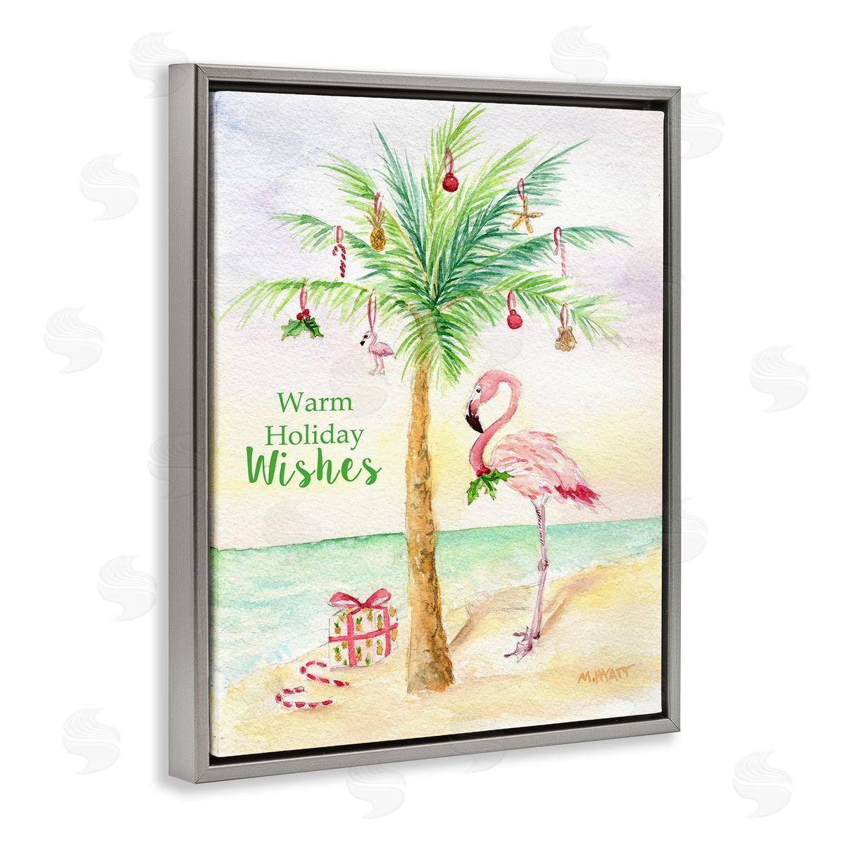 Tropical Flamingo Christmas Grey Floating Frame Canvas Wall Art, Home Decor by Melissa Hyatt LLC