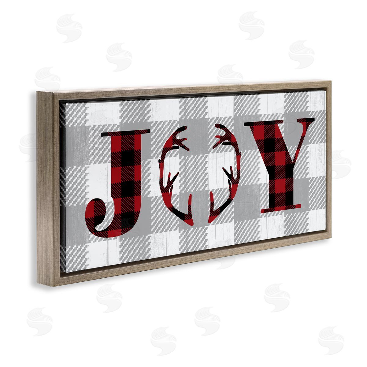 Stupell Studio Joy Antler Buffalo Plaid Design Brown Floater Frame Canvas Art