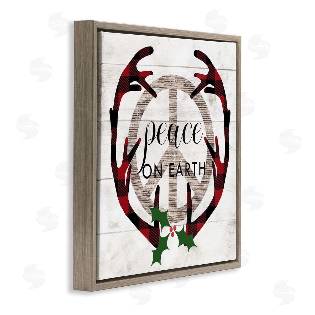 Stupell Studio Rustic Peace on Earth Holiday Plaid Antlers Brown Floater Frame Canvas Art