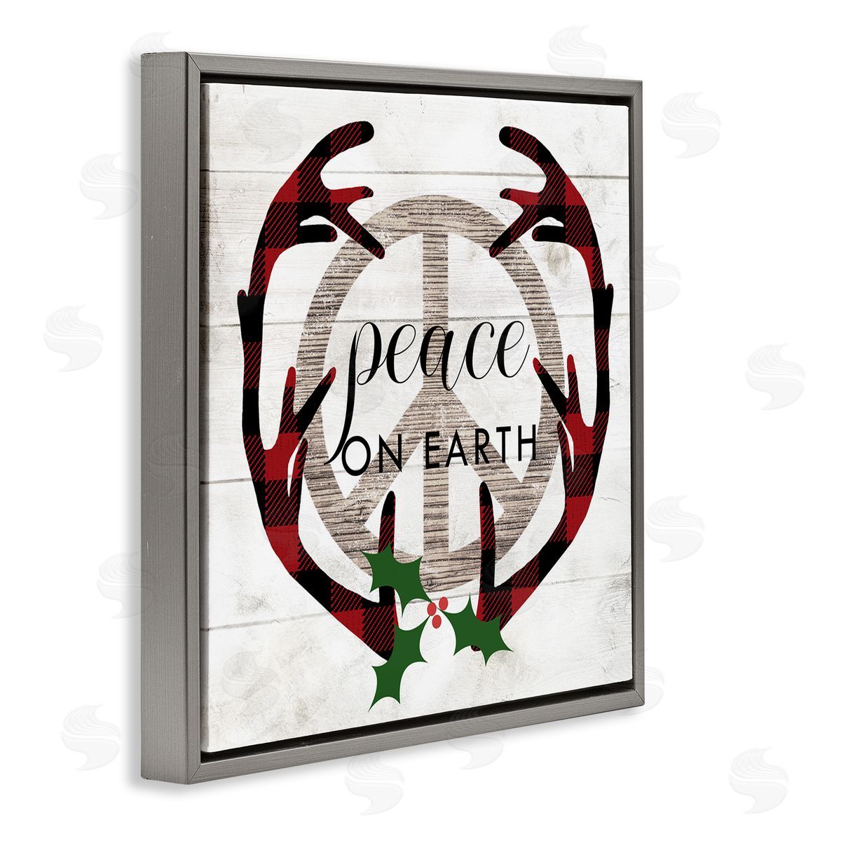 Stupell Studio Rustic Peace on Earth Holiday Plaid Antlers Gray Floater Frame Canvas Art
