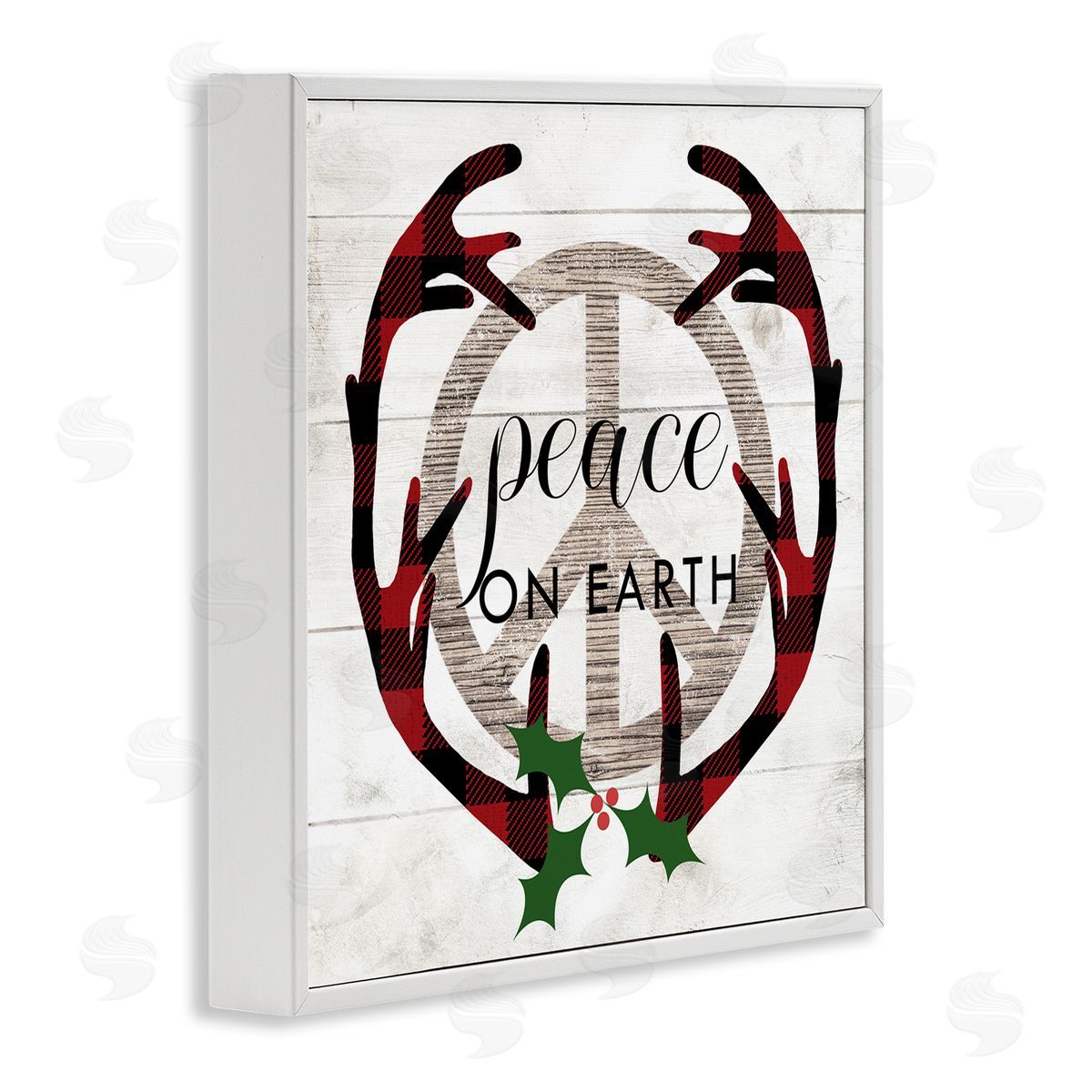 Stupell Studio Rustic Peace on Earth Holiday Plaid Antlers White Framed Giclee Wall Art