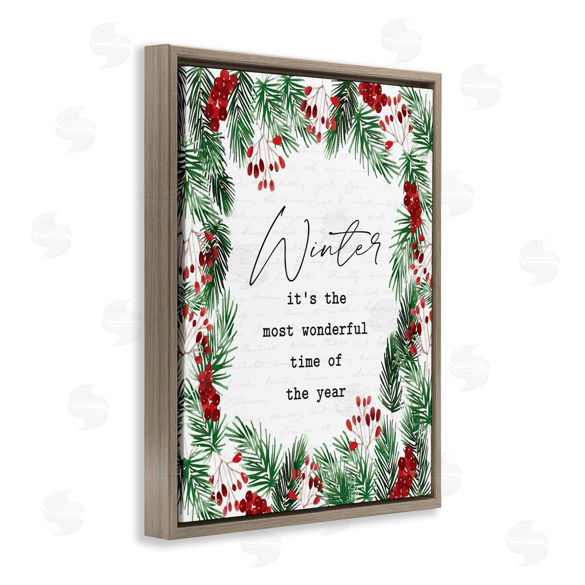 Lettered and Lined Most Wonderful Time Winter Wreath Brown Floater Frame Canvas Art