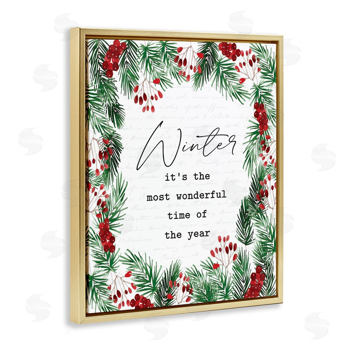 Lettered and Lined Most Wonderful Time Winter Wreath Gold Floater Frame Canvas Art