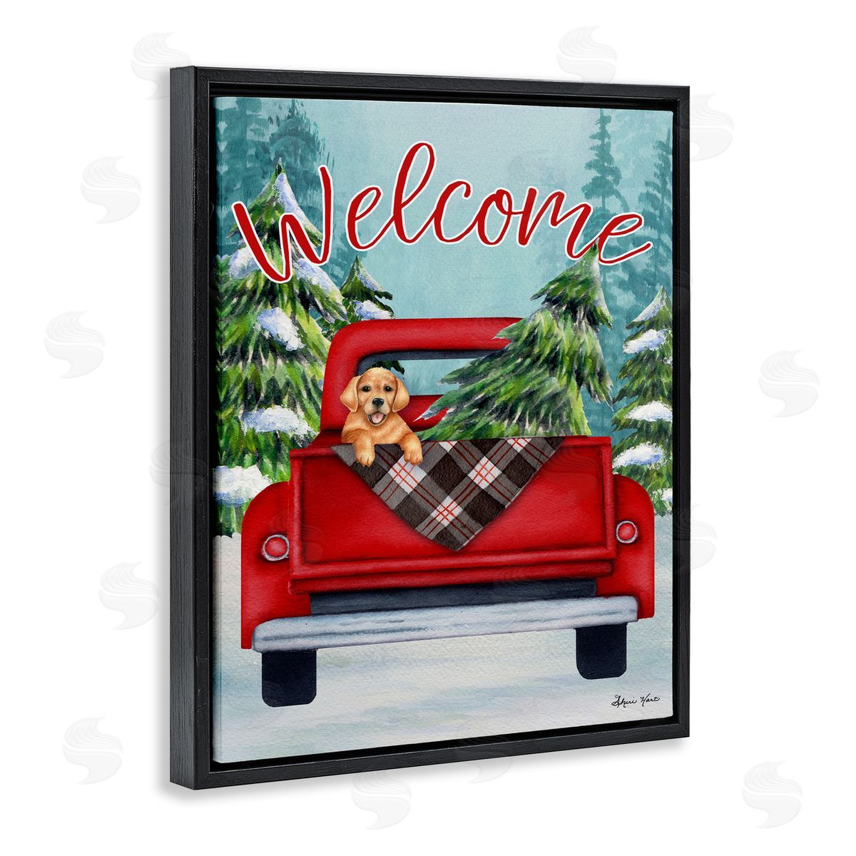 Sheri Hart Red Truck Christmas Pet Dog Black Floater Frame Canvas Art