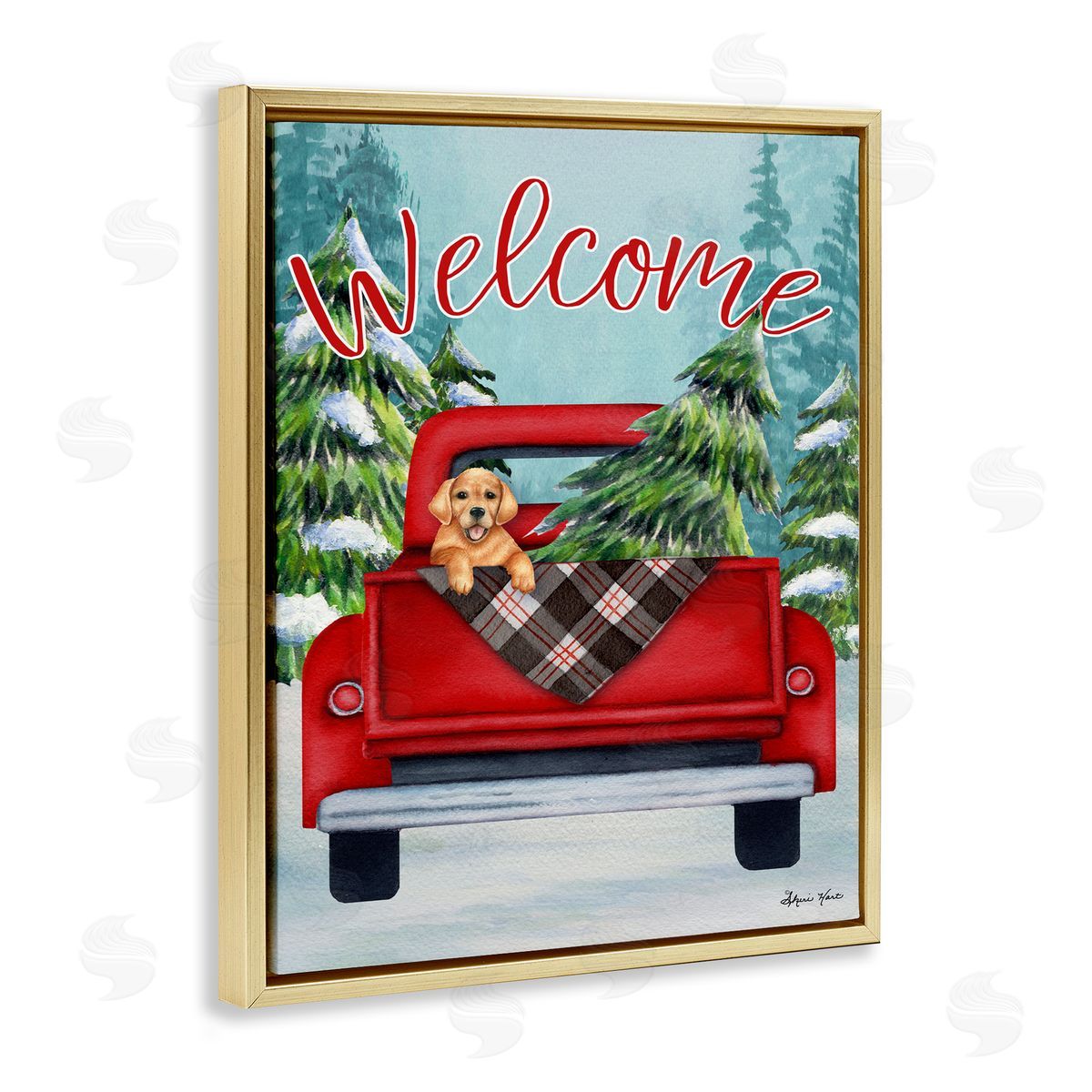 Sheri Hart Red Truck Christmas Pet Dog Gold Floater Frame Canvas Art