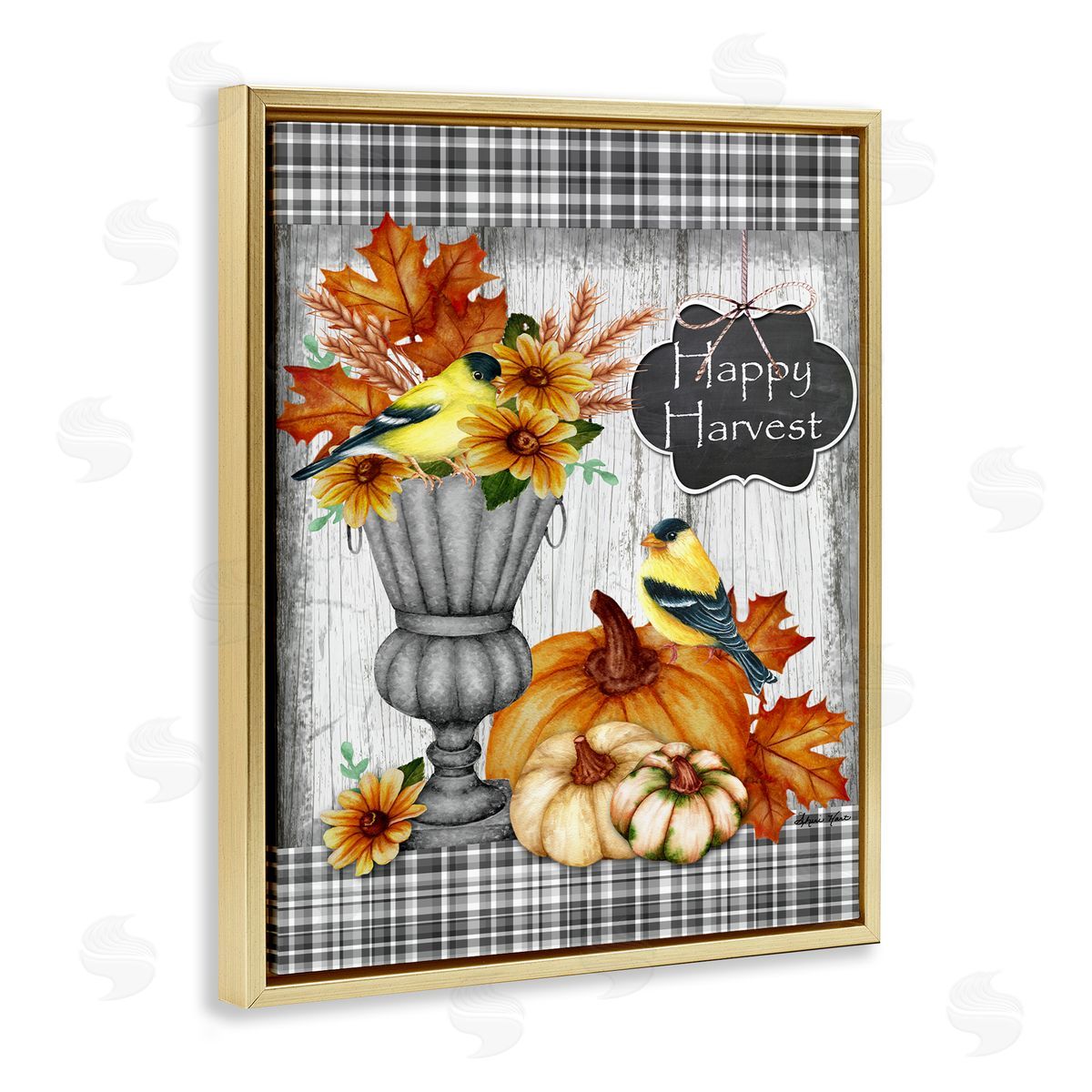 Sheri Hart Happy Harvest Birds and Gourds Gold Floater Frame Canvas Art