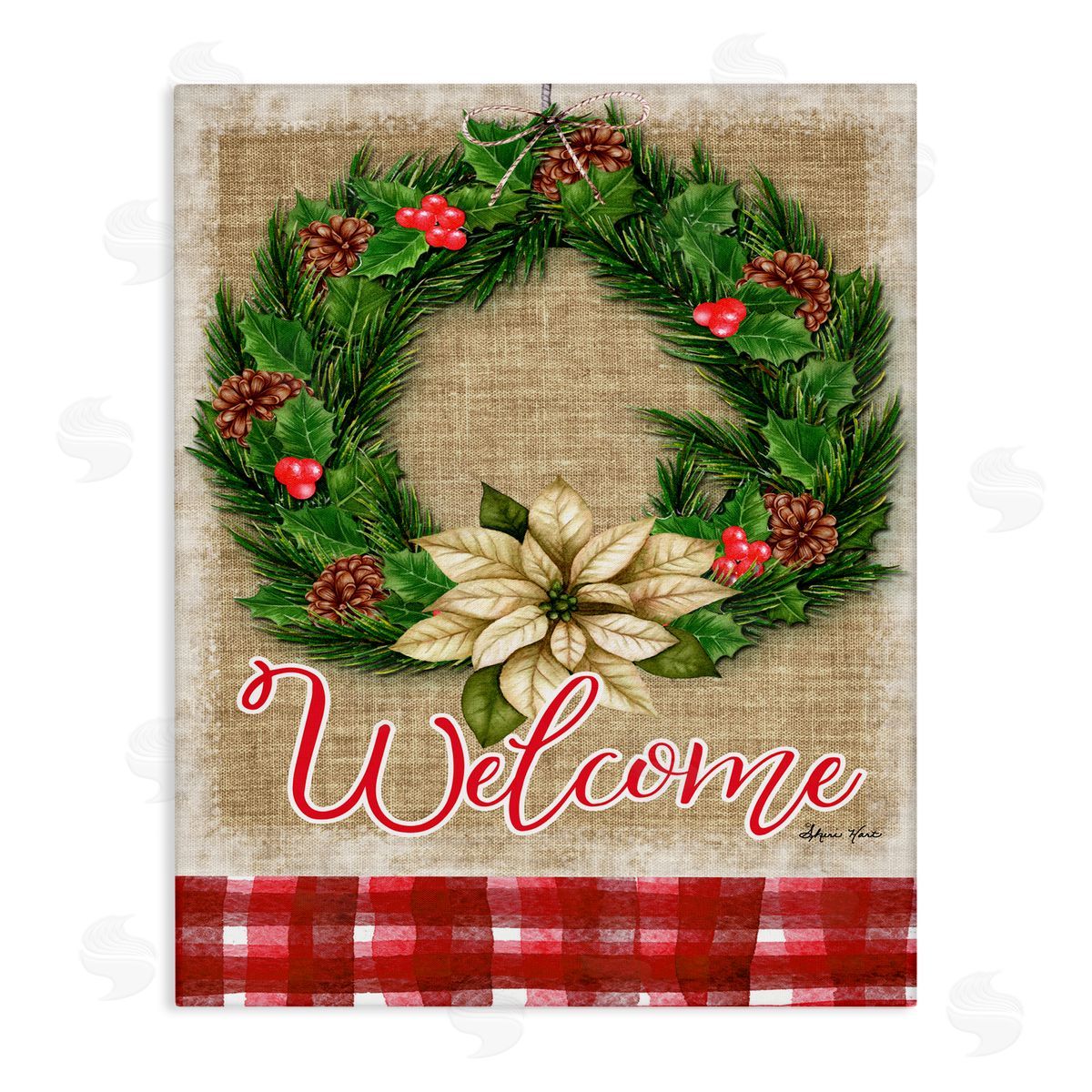 Sheri Hart Welcome Cottage Wreath Pinecones  Canvas Wall Art