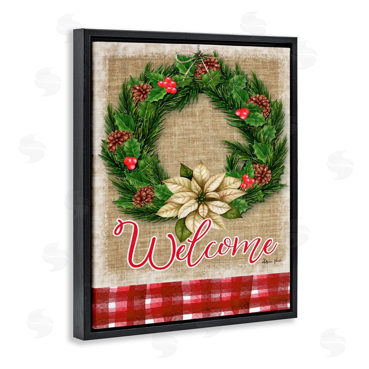 Sheri Hart Welcome Cottage Wreath Pinecones  Black Floater Frame Canvas Art