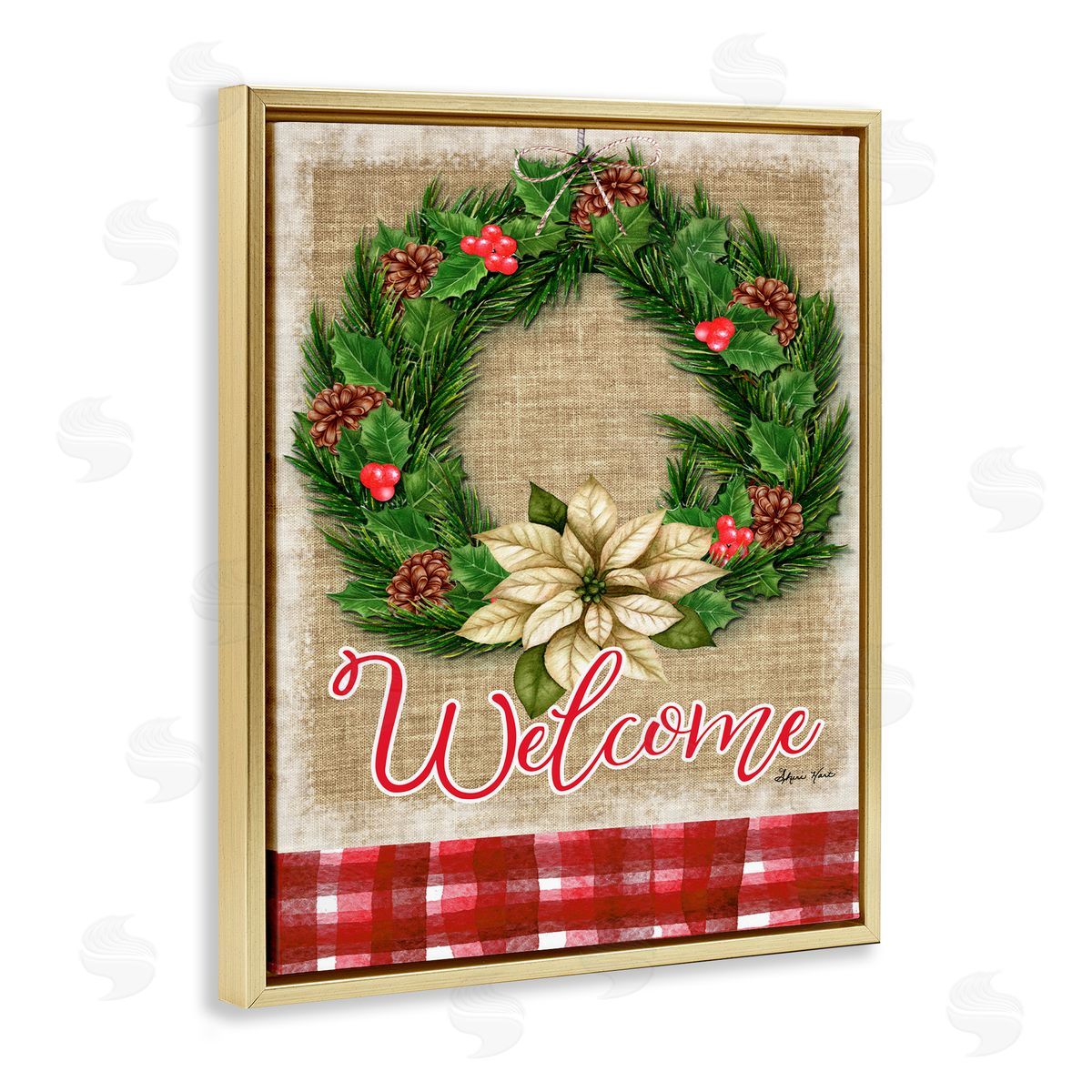 Sheri Hart Welcome Cottage Wreath Pinecones  Gold Floater Frame Canvas Art