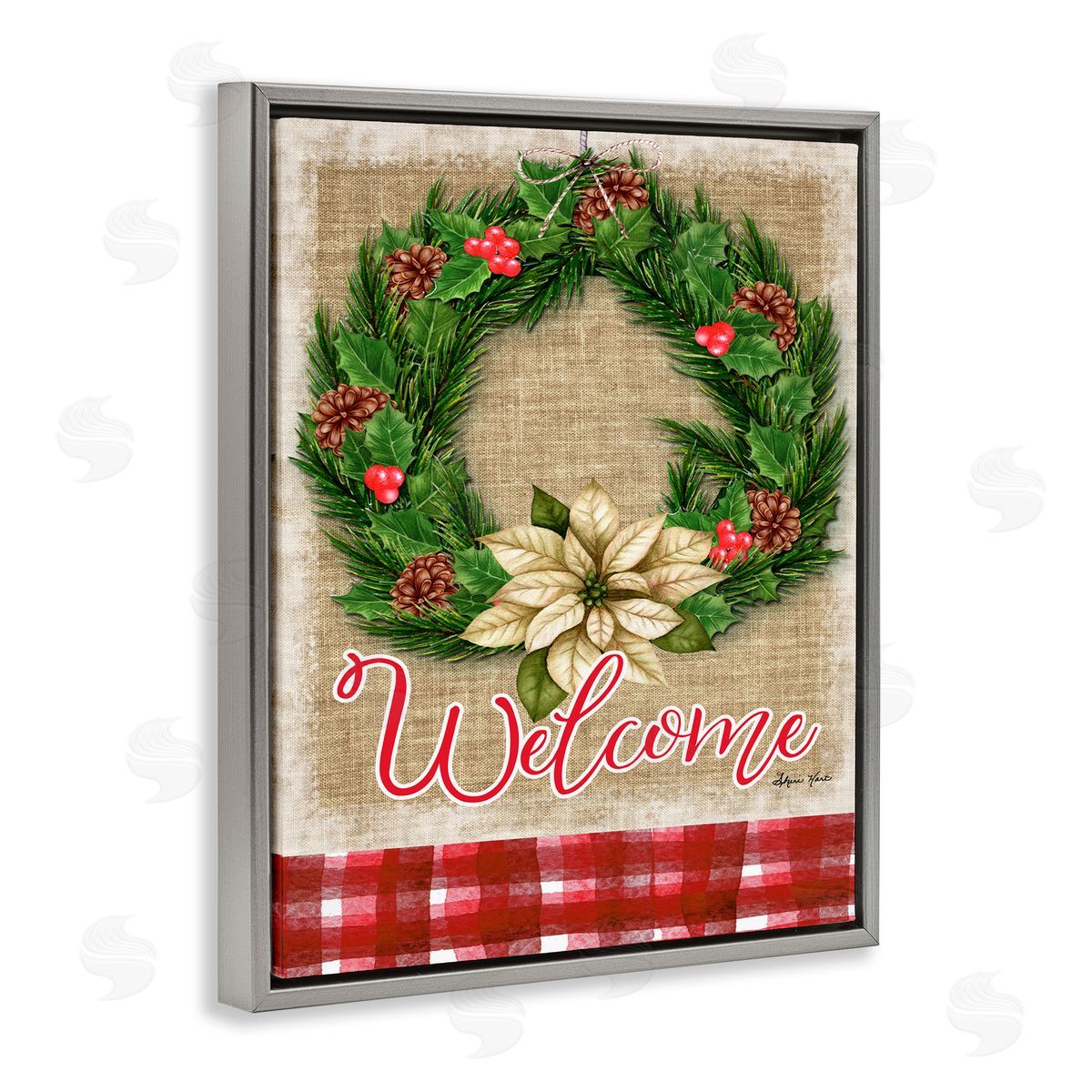 Sheri Hart Welcome Cottage Wreath Pinecones  Gray Floater Frame Canvas Art