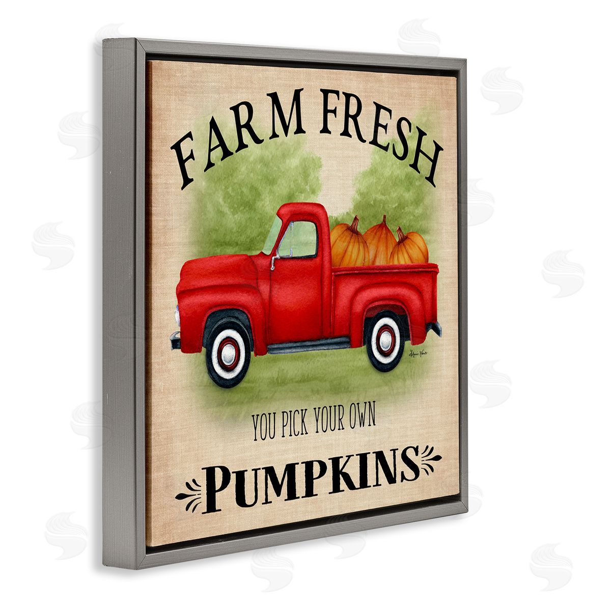 Sheri Hart Farm Fresh Pumpkins Red Truck Gray Floater Frame Canvas Art