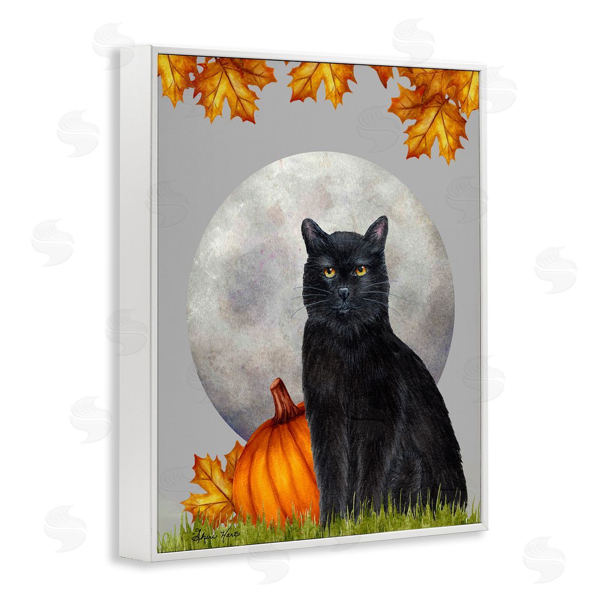 Sheri Hart Black Cat Full Moon and Pumpkins White Framed Giclee Wall Art