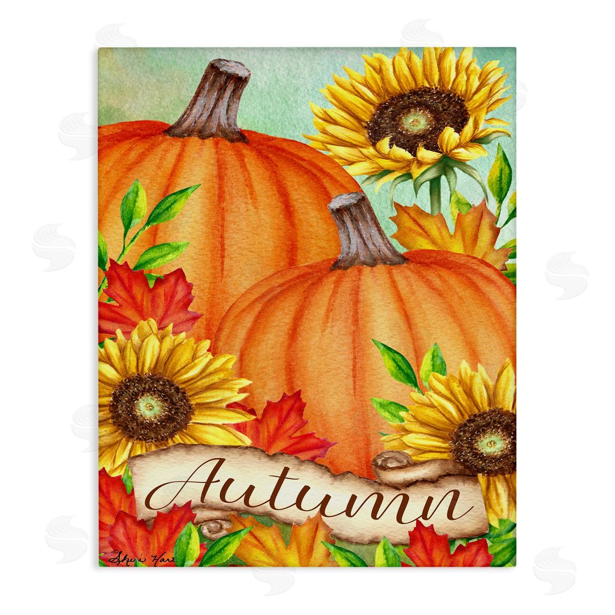 Sheri Hart Pumpkins with Sunflowers Red Leaves Canvas Wall Art