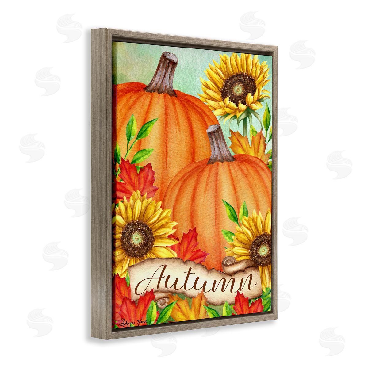 Sheri Hart Pumpkins with Sunflowers Red Leaves Brown Floater Frame Canvas Art