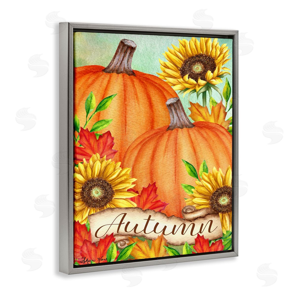 Sheri Hart Pumpkins with Sunflowers Red Leaves Gray Floater Frame Canvas Art