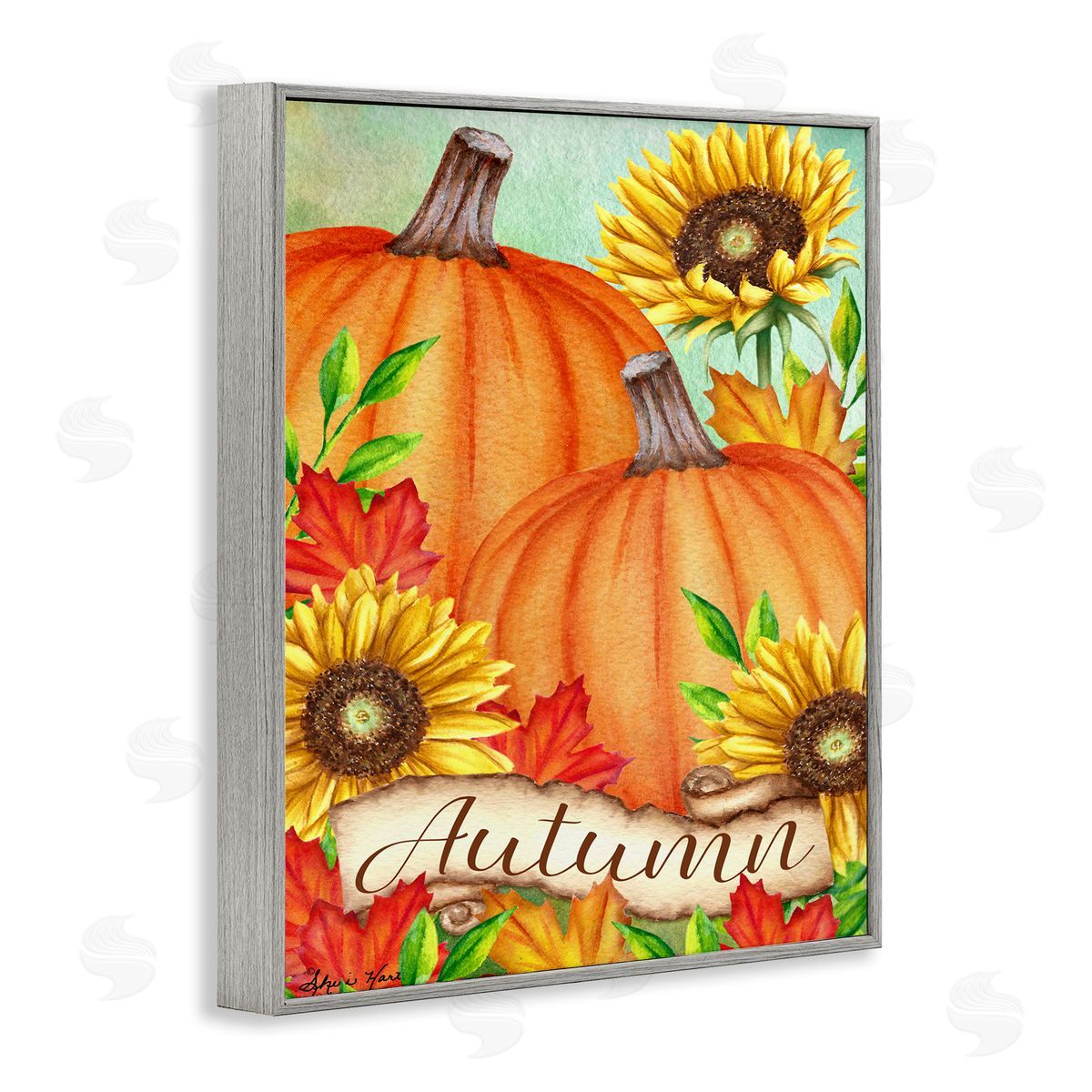 Sheri Hart Pumpkins with Sunflowers Red Leaves Gray Framed Giclee Wall Art