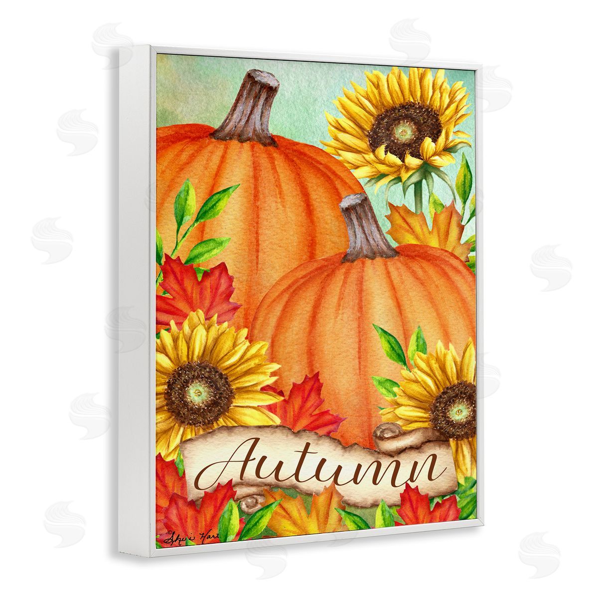 Sheri Hart Pumpkins with Sunflowers Red Leaves White Framed Giclee Wall Art