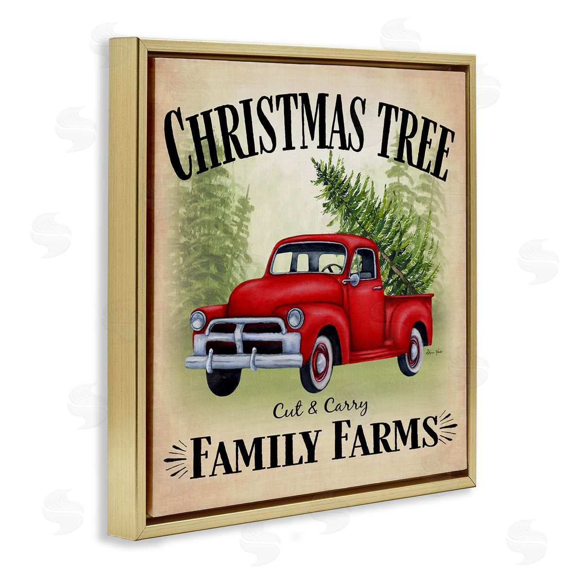 Sheri Hart Holiday Truck Christmas Tree Farms Gold Floater Frame Canvas Art