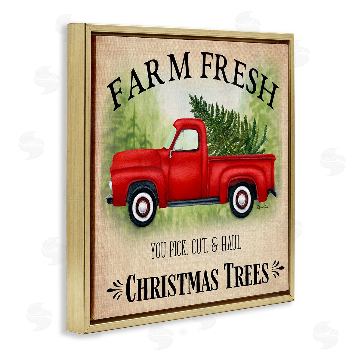 Sheri Hart Holiday Truck Christmas Trees Gold Floater Frame Canvas Art