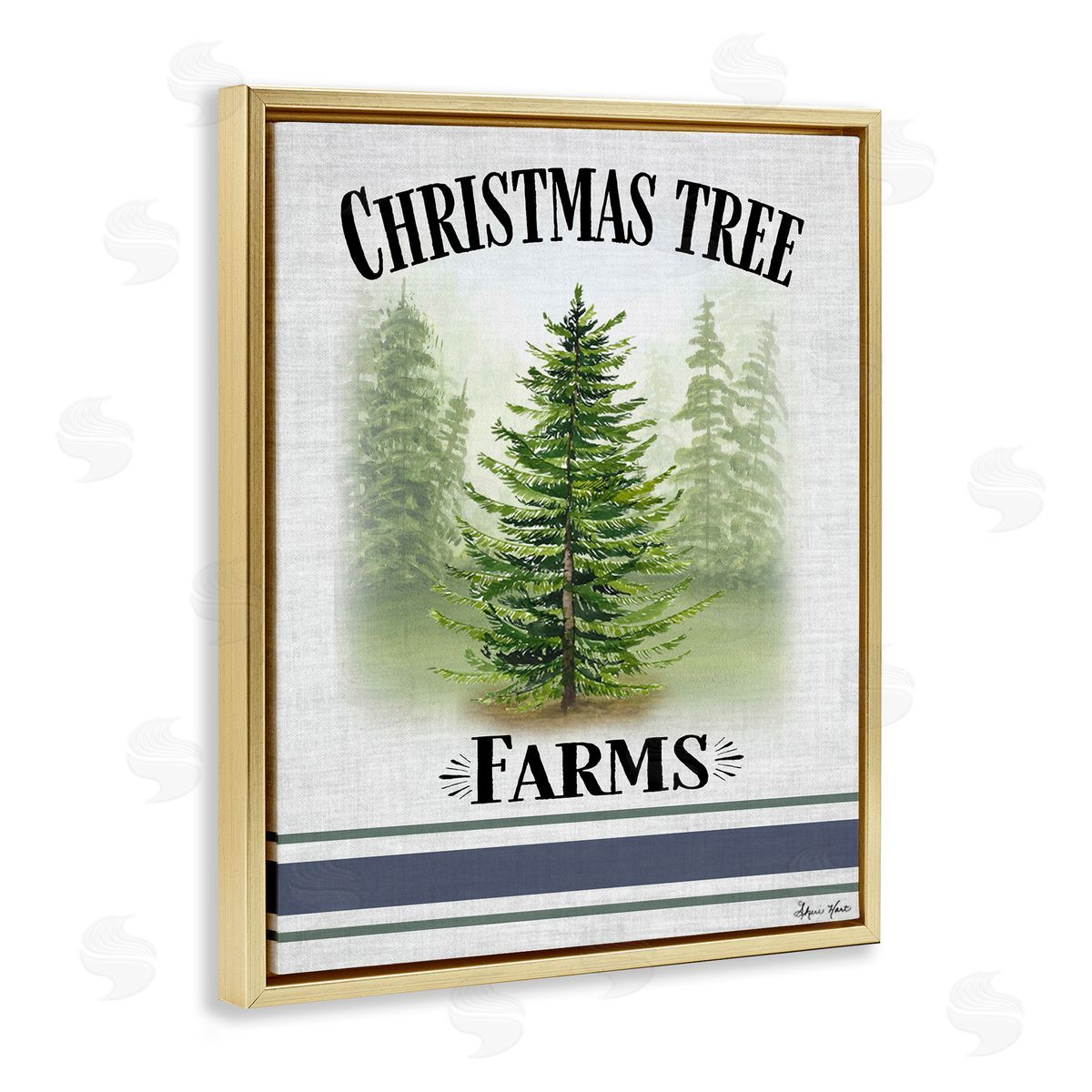 Sheri Hart Traditional Christmas Tree Blue Stripe Gold Floater Frame Canvas Art