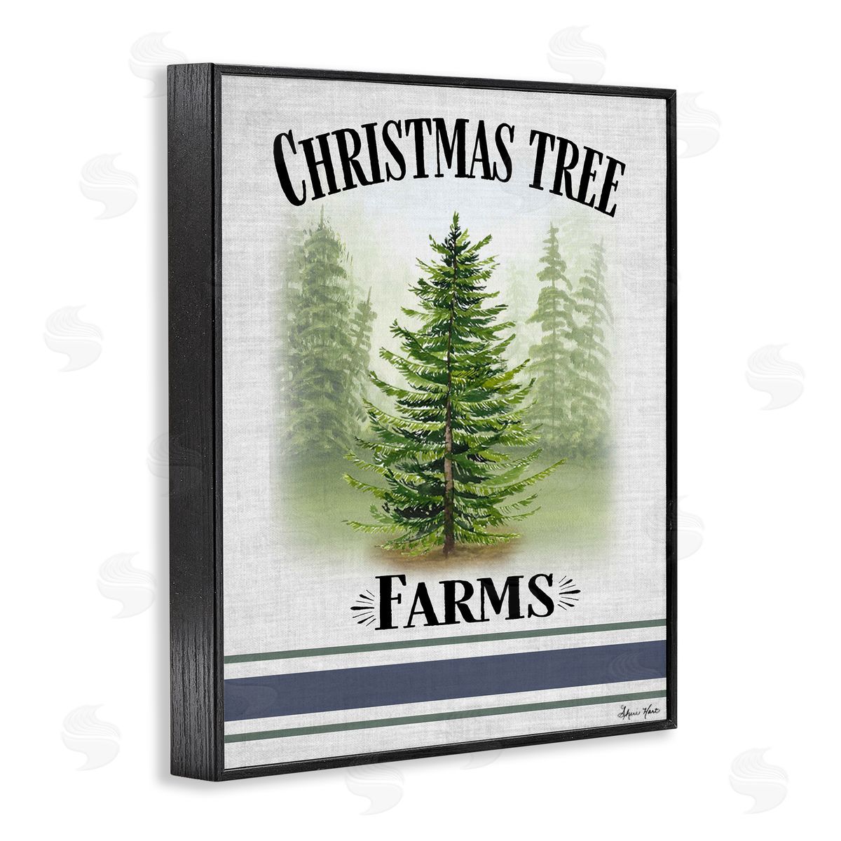 Sheri Hart Traditional Christmas Tree Blue Stripe Black Framed Giclee Wall Art