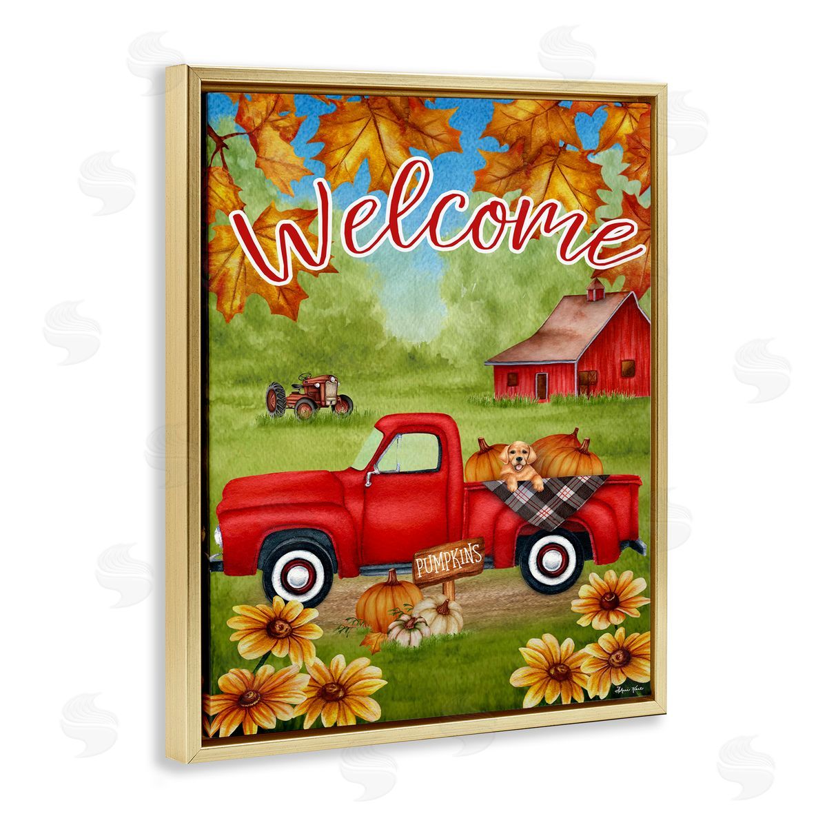 Sheri Hart Welcome Red Truck Autumn Leaves Gold Floater Frame Canvas Art